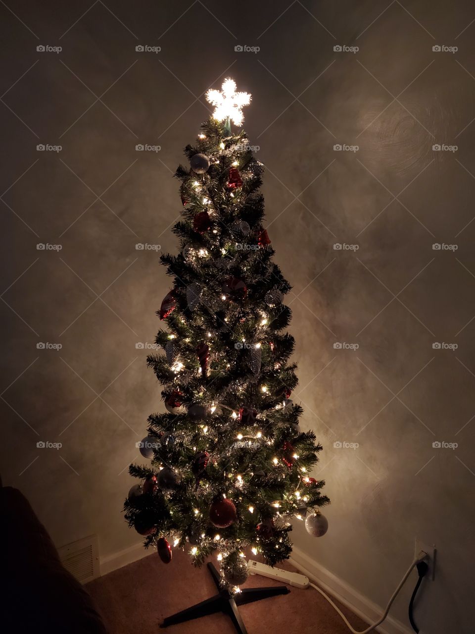 A gorgeous corner starring a beautifully lit Christmas tree.