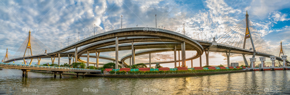 Beautiful panorama view of the Bhumibol bridge in Bangkok Thailand