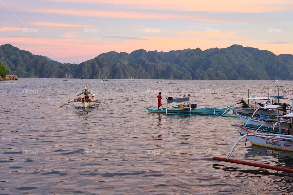 A glamorous contemplation to the mountain under the colorful sunset, Coron, Philippines.
