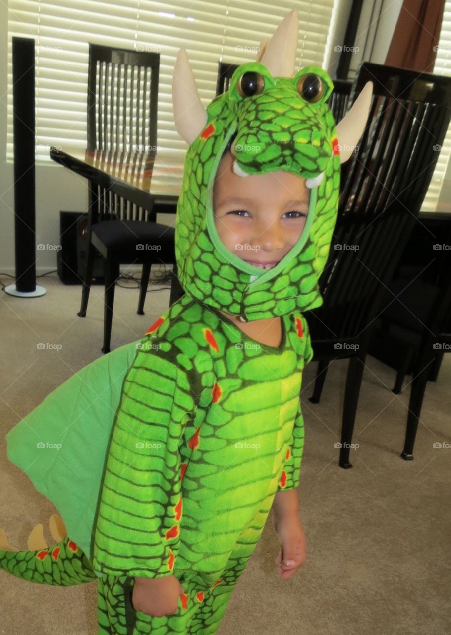 Very happy little boy in a dragon costume.