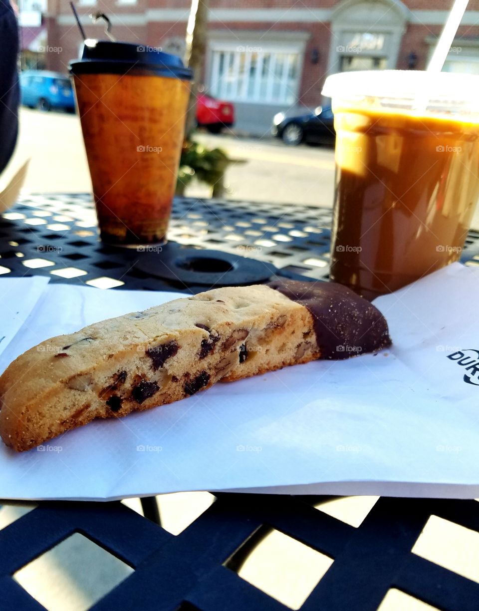 coffee and chocolate dipped biscotti at the outdoor cafe