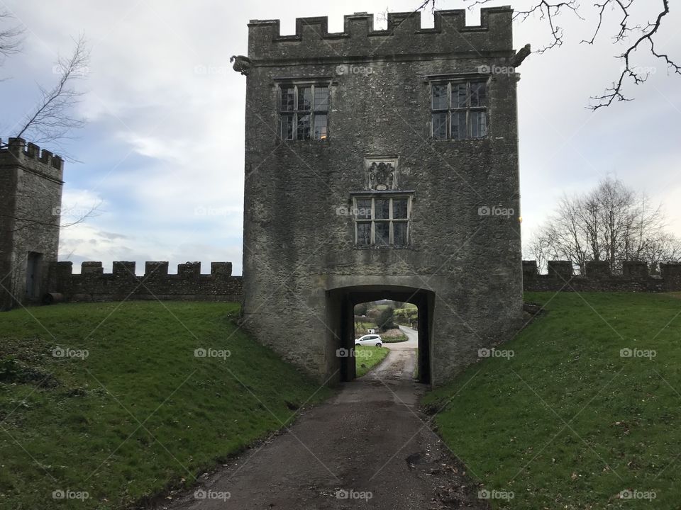 Entrance to the stately home and grounds of Shute Barton, Shute, Devon.