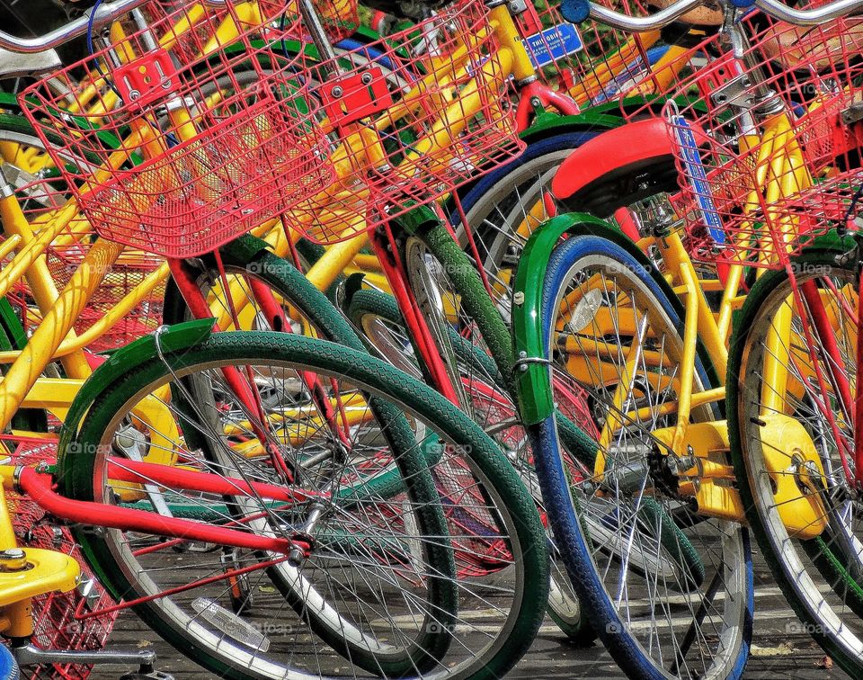 Multicolored Bicycles Parked In The City