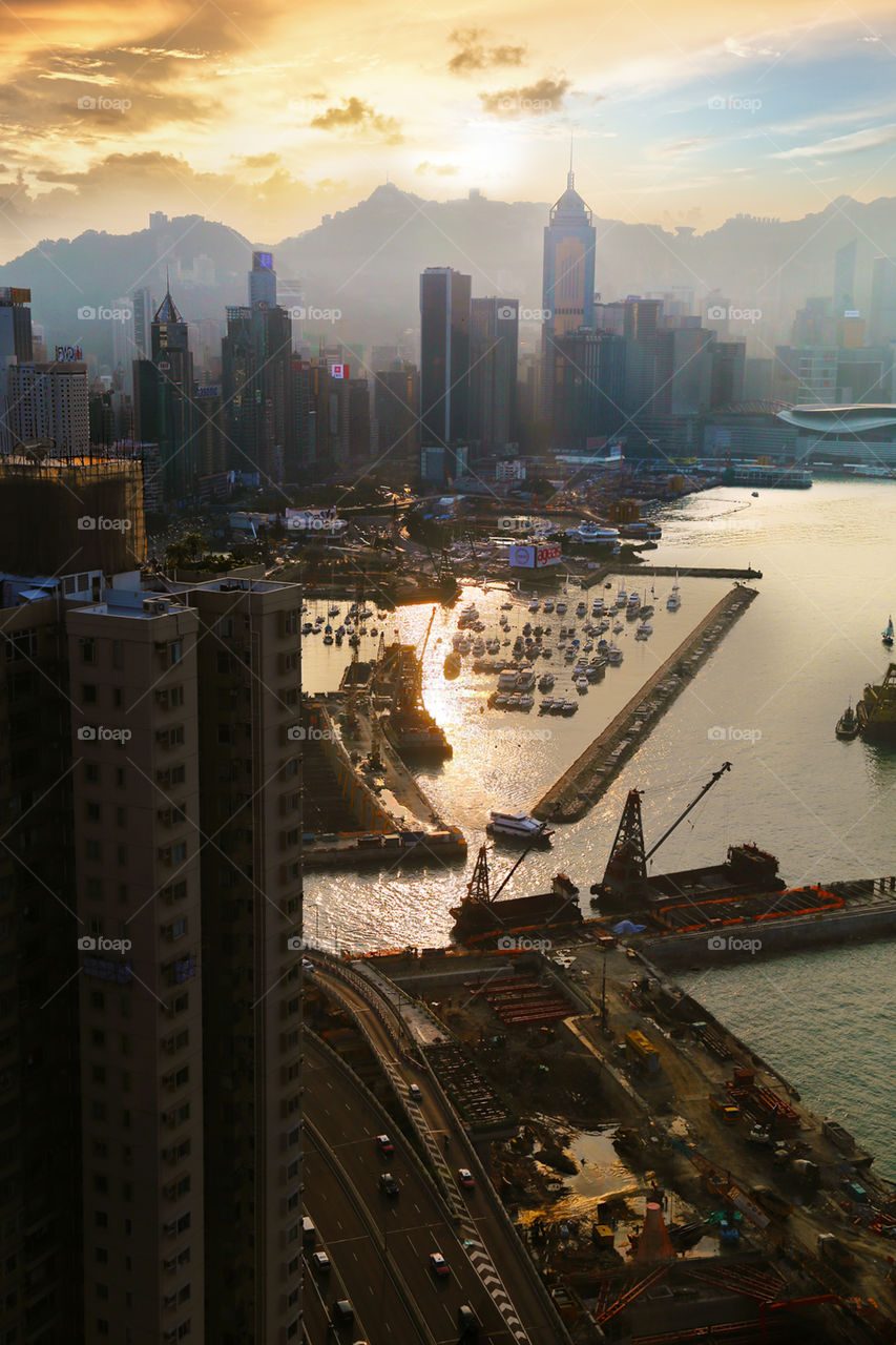 Causeway Bay under construction . Land reclamation and construction of a new highway from Quarry Bay to Central 
