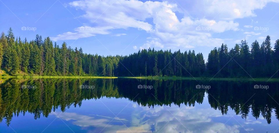 reflection of the sky and trees in the lake