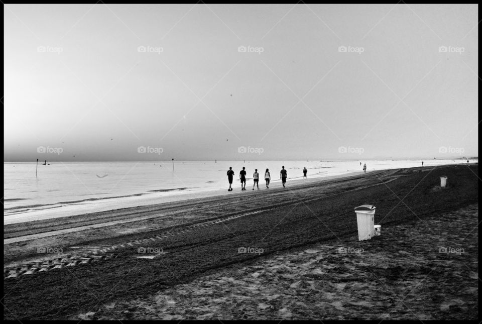 Sunrise, sea, sun, horizon, beach, people, walking, outdoor, black and