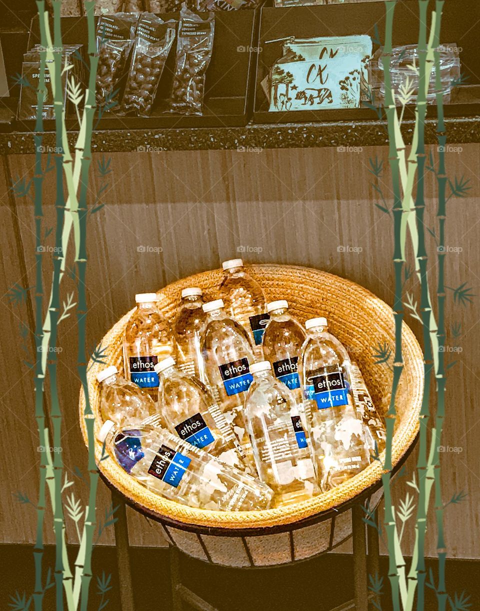 Bottles of drinking water and edibles at Starbucks.