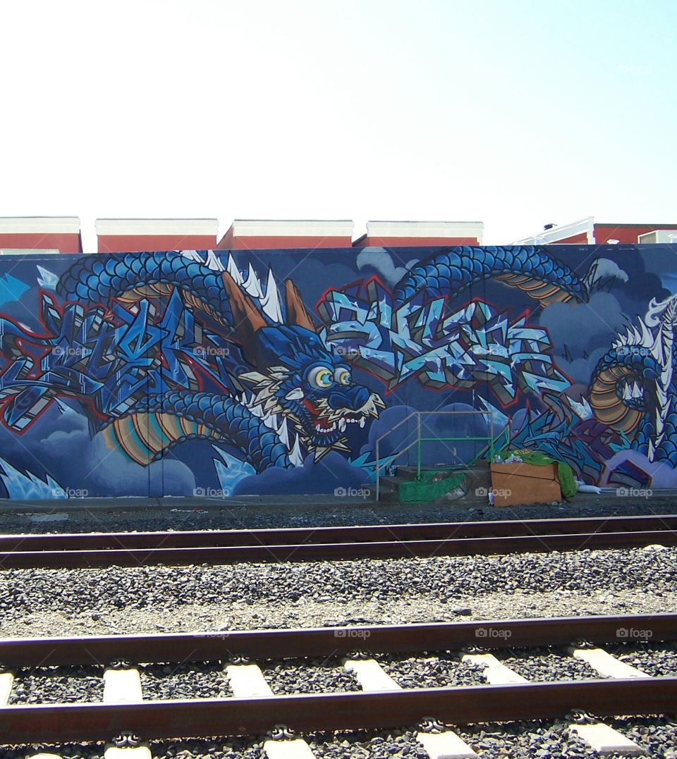 Dragon blue scales. Walking along the railroad tracks