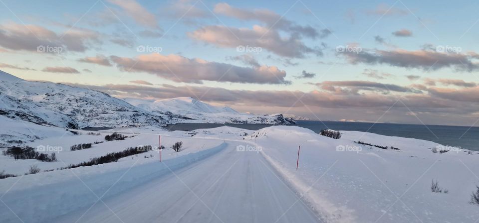 Icy and snowy road in Northern Norway on March 2023.