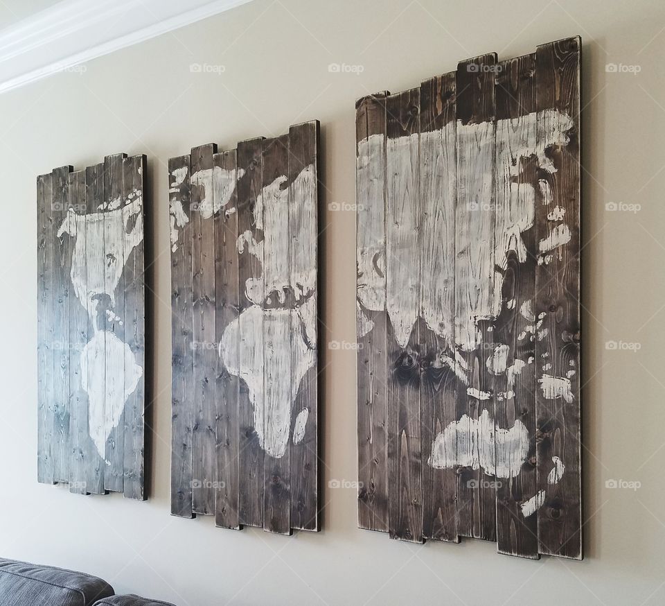 wood maps, world maps, large world maps, united states map, world map for the wall, couch, gray couch, plank maps, wooden board maps