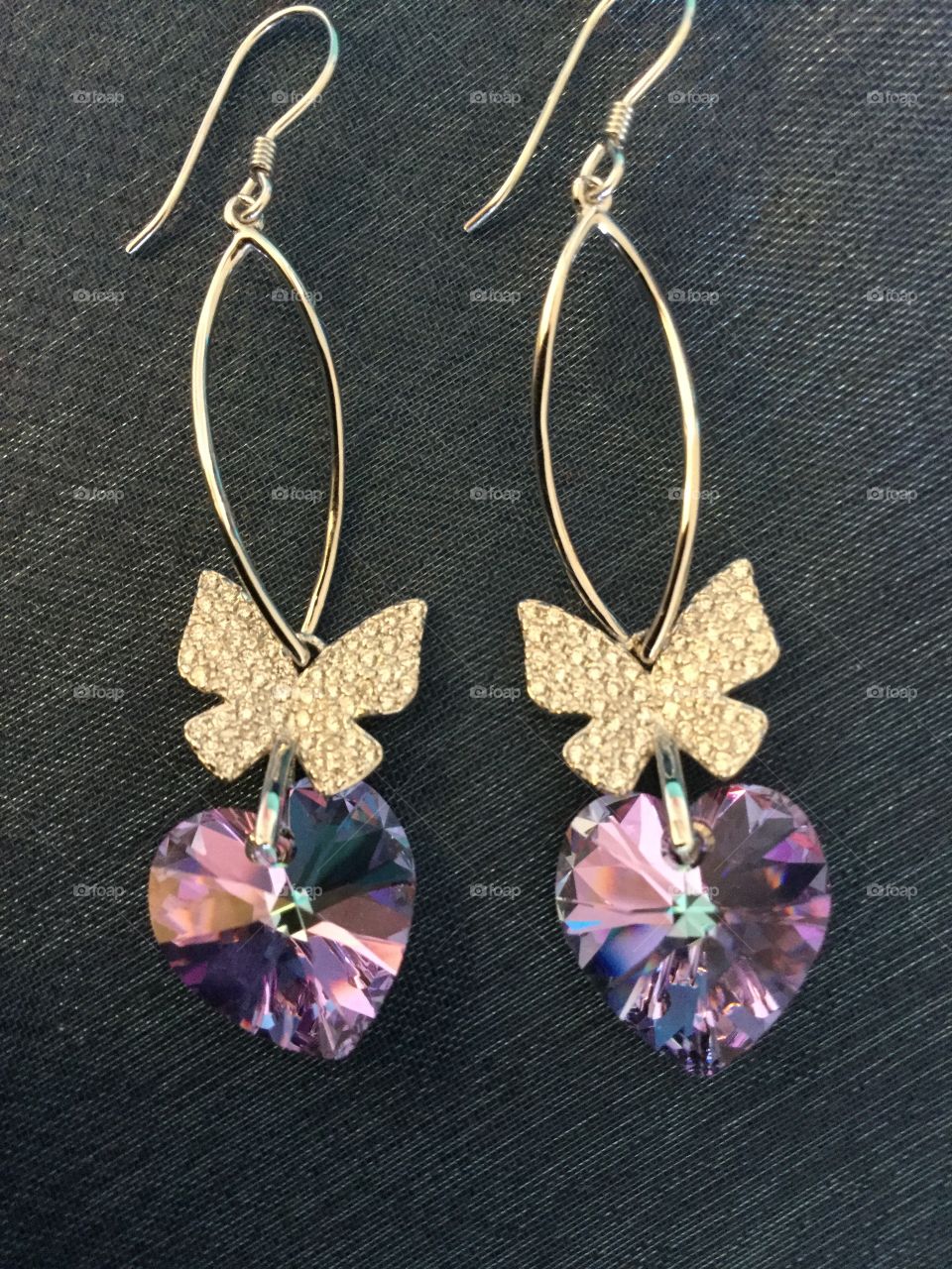 Crystal hearts and Silver butterfly earrings 