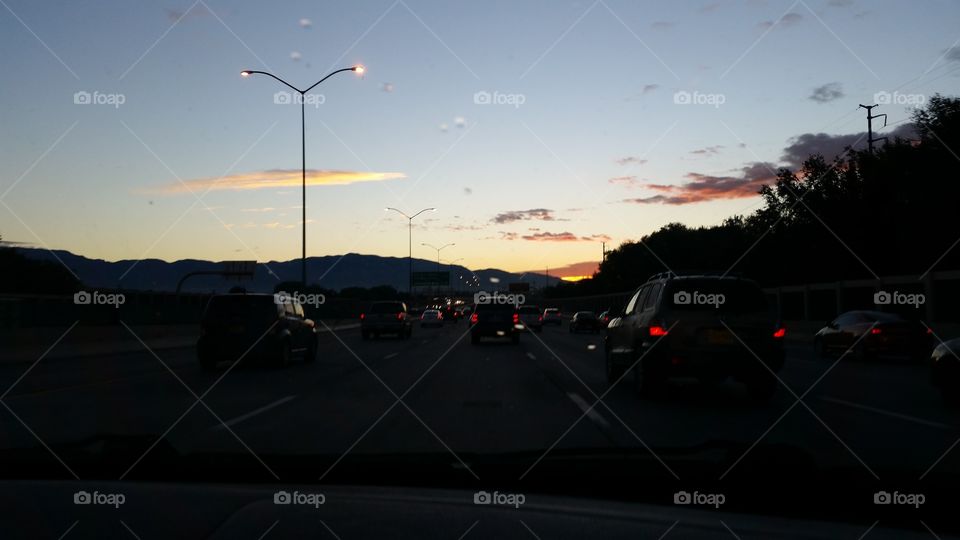 Traffic jam at sunset