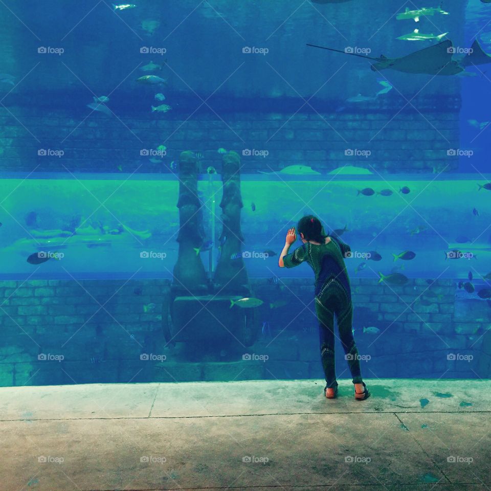 A  girl is peeking to see who's going through the underwater tunnel 