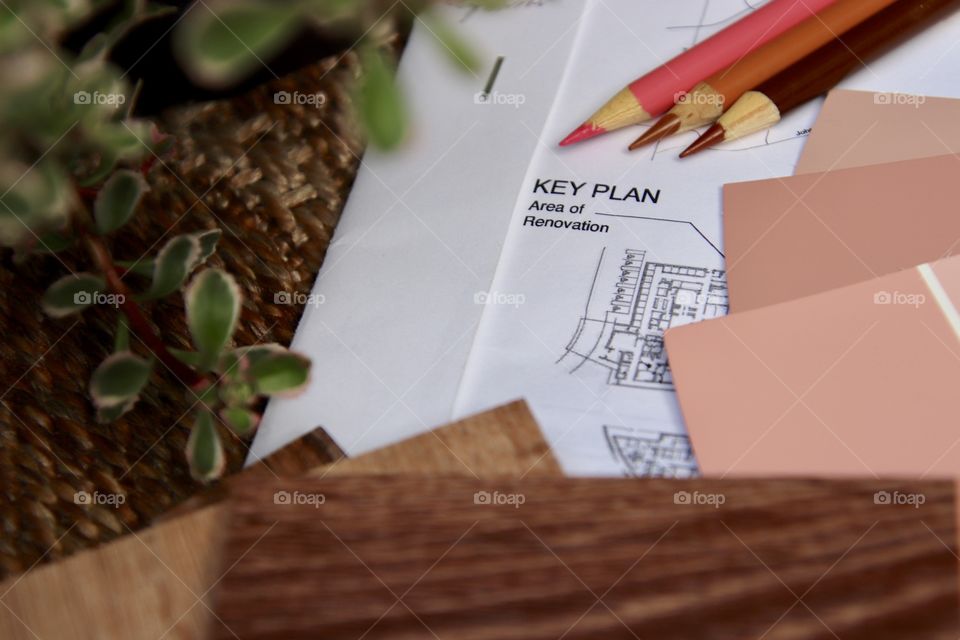 Key plan with color samples flat lay
