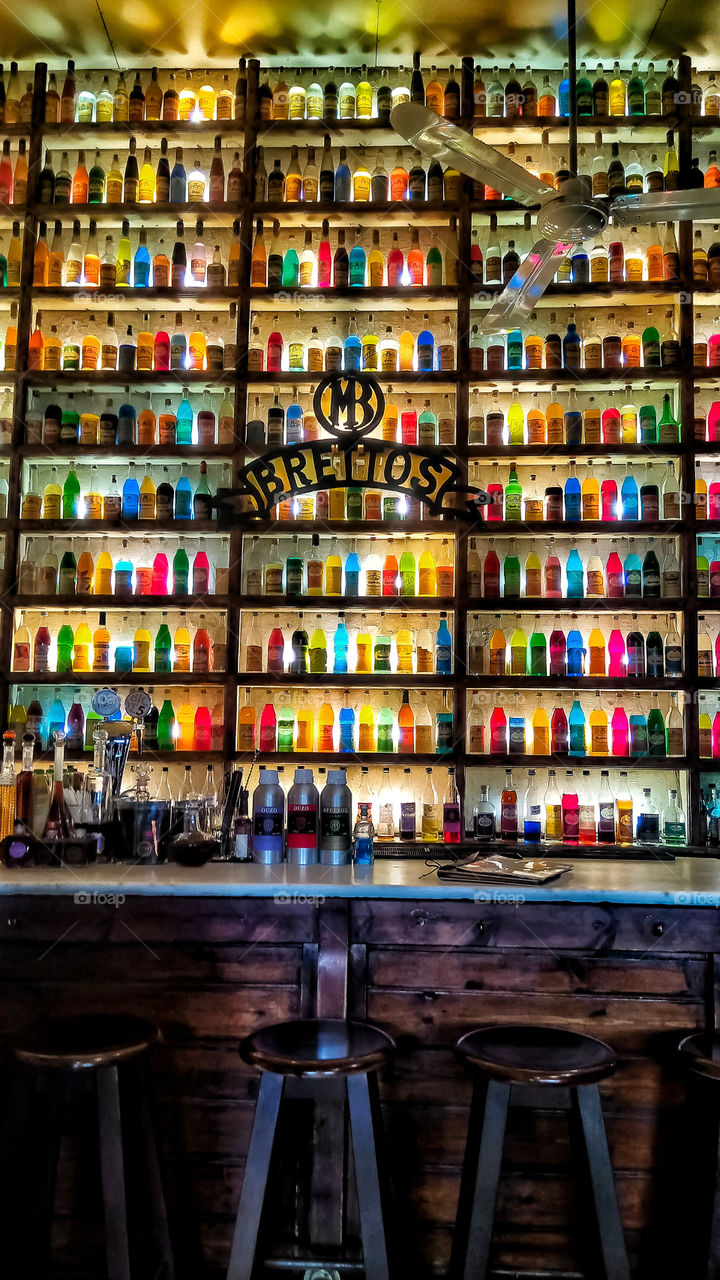 Historic Brettos bar with its colorful bottles decor in Plaka,Athens