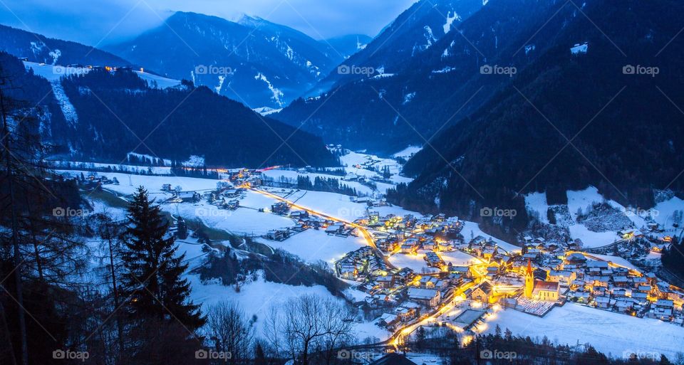 View of snowy village Luesen Valley south Tirol Italy 