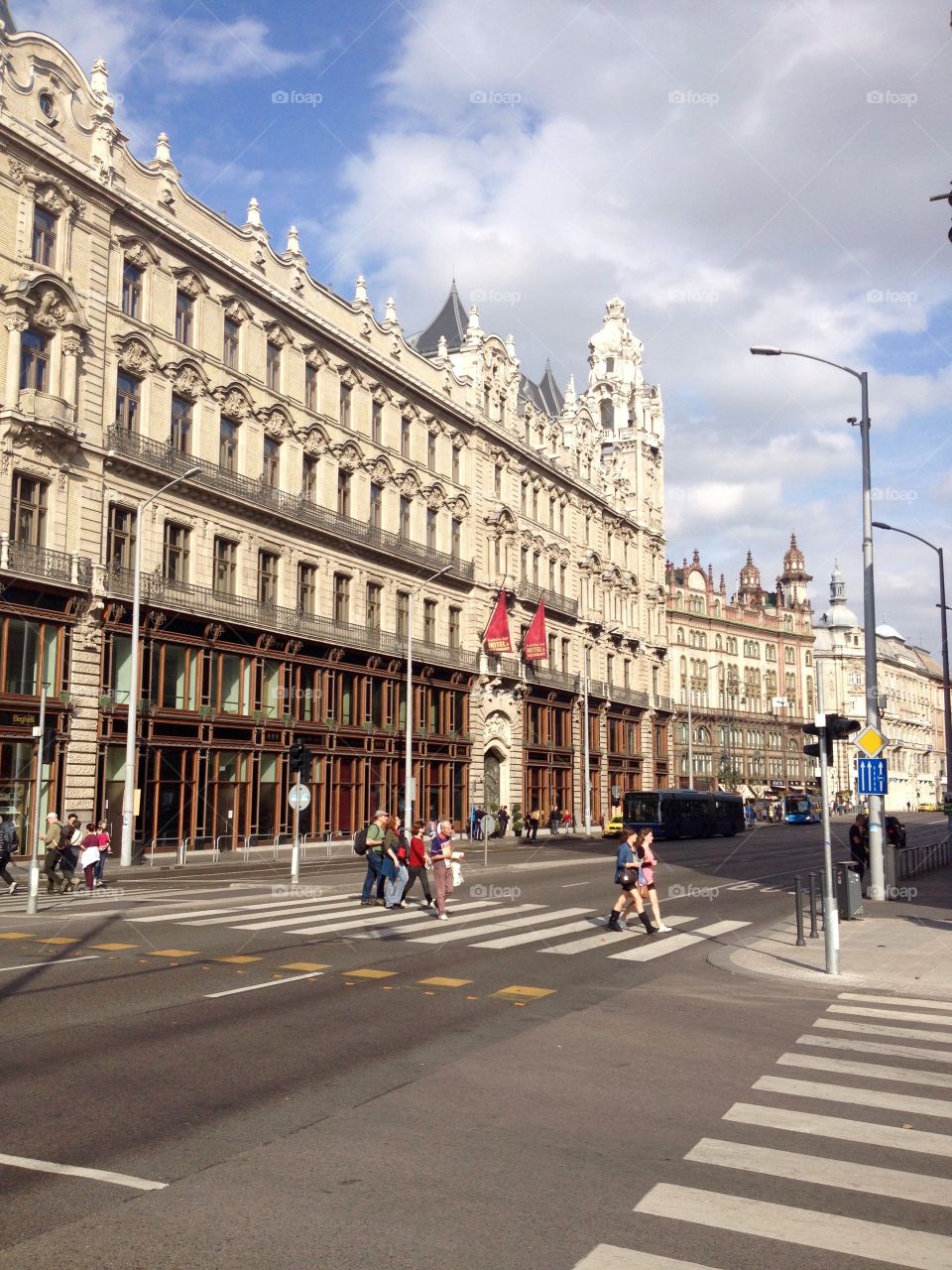 Pedestrians crossing the street in Budapest 