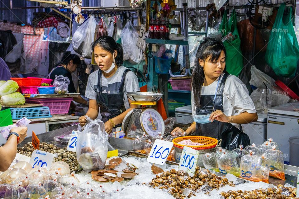 fresh caught Seafood for Sale at a Thai Street Fish Market in Thailand Southeast Asia