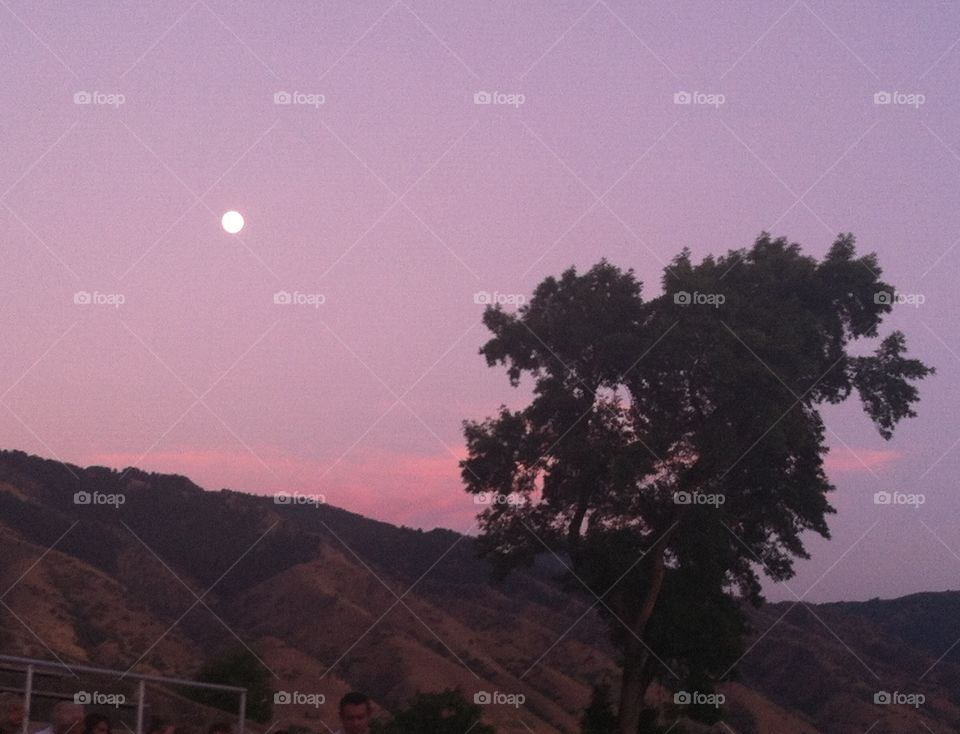 The sunset and rising moon compliment each other very well. Add a tree silhouette and a mountain backdrop, and you get a picturesque scene.