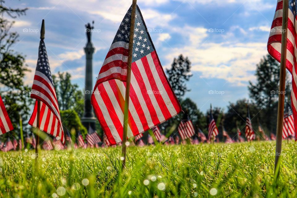 American flags at Soldiers Cemetery in Gettysburg PA