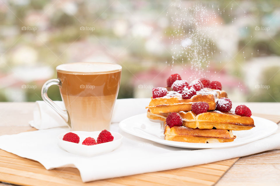 Belgium waffles and cup of coffee