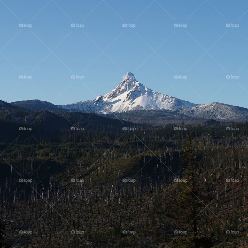 A fresh coat of snow covers the jagged peak of Mt. Washington in Oregon’s Cascade Mountain Range with clear blue skies on a cold winter morning. 