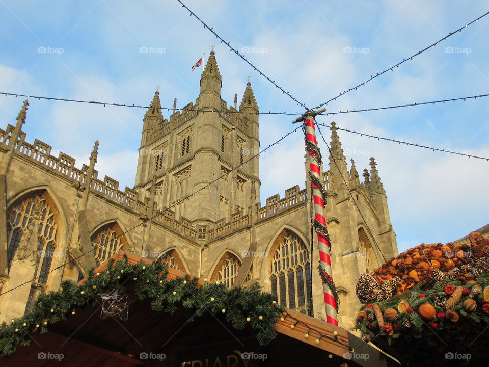 Beautiful Bath Abbey and Christmas market roof tops