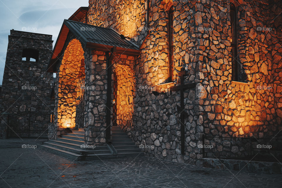 Christian Orthodox stone church in mountain of Caucas . Night shot