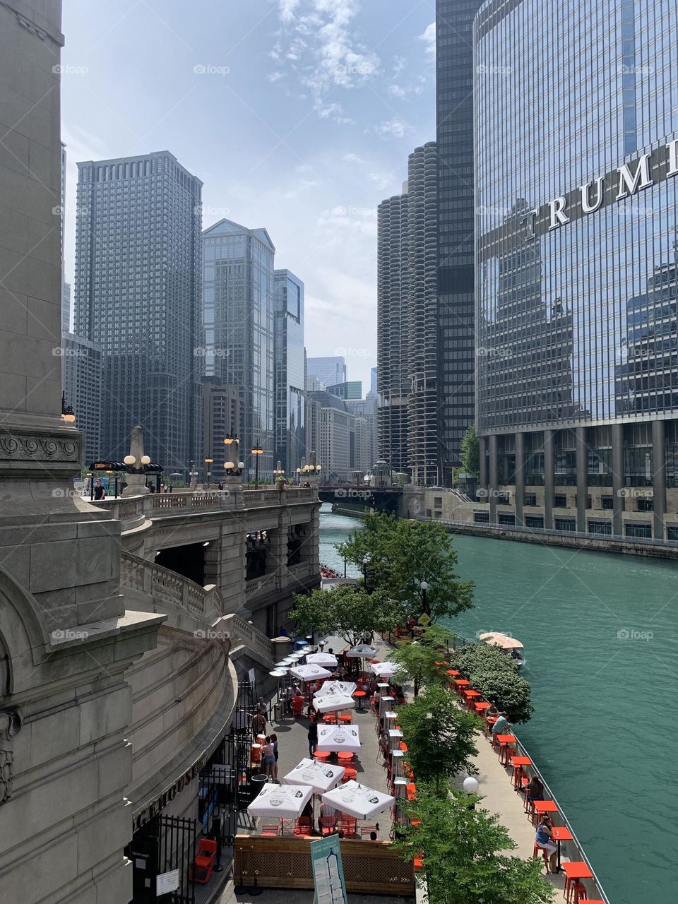 View of tall buildings along the Chicago river 