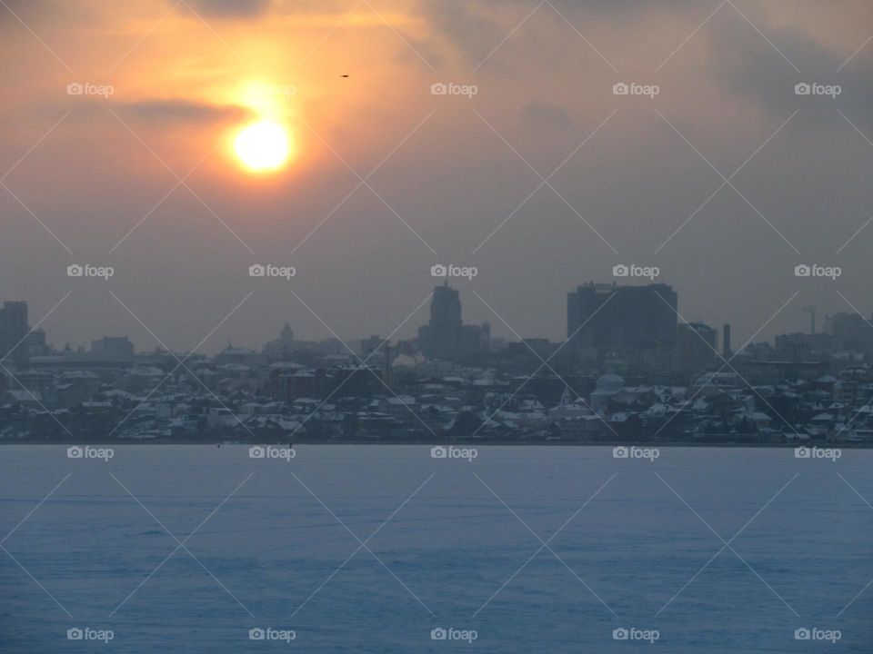 sunset on a frosty day over Voronezh in Russia