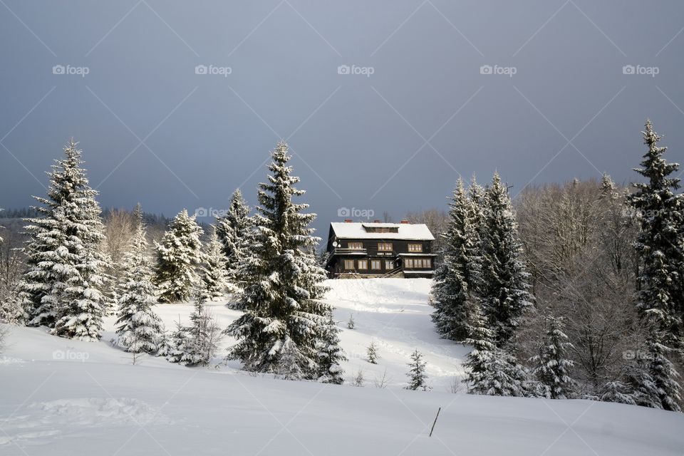 Chalet on mountain during winter. Slovakia