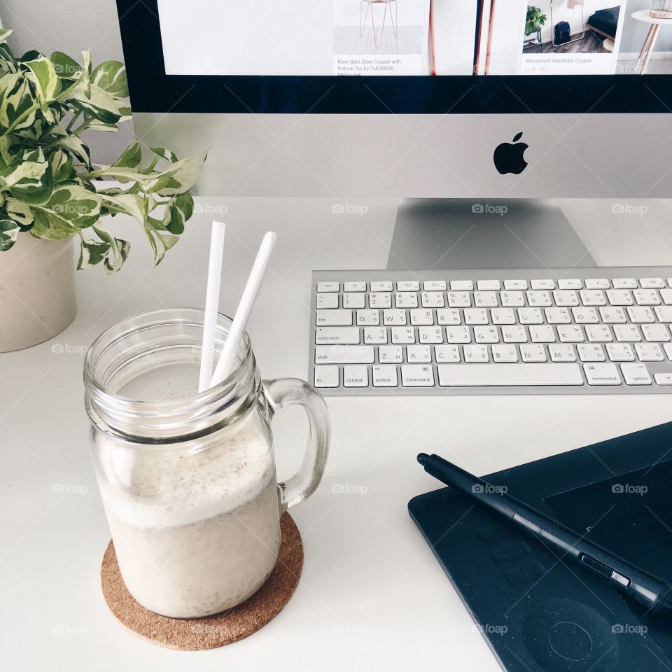 Fresh Fruit Smoothie : Banana milk chia seed smoothie before working.