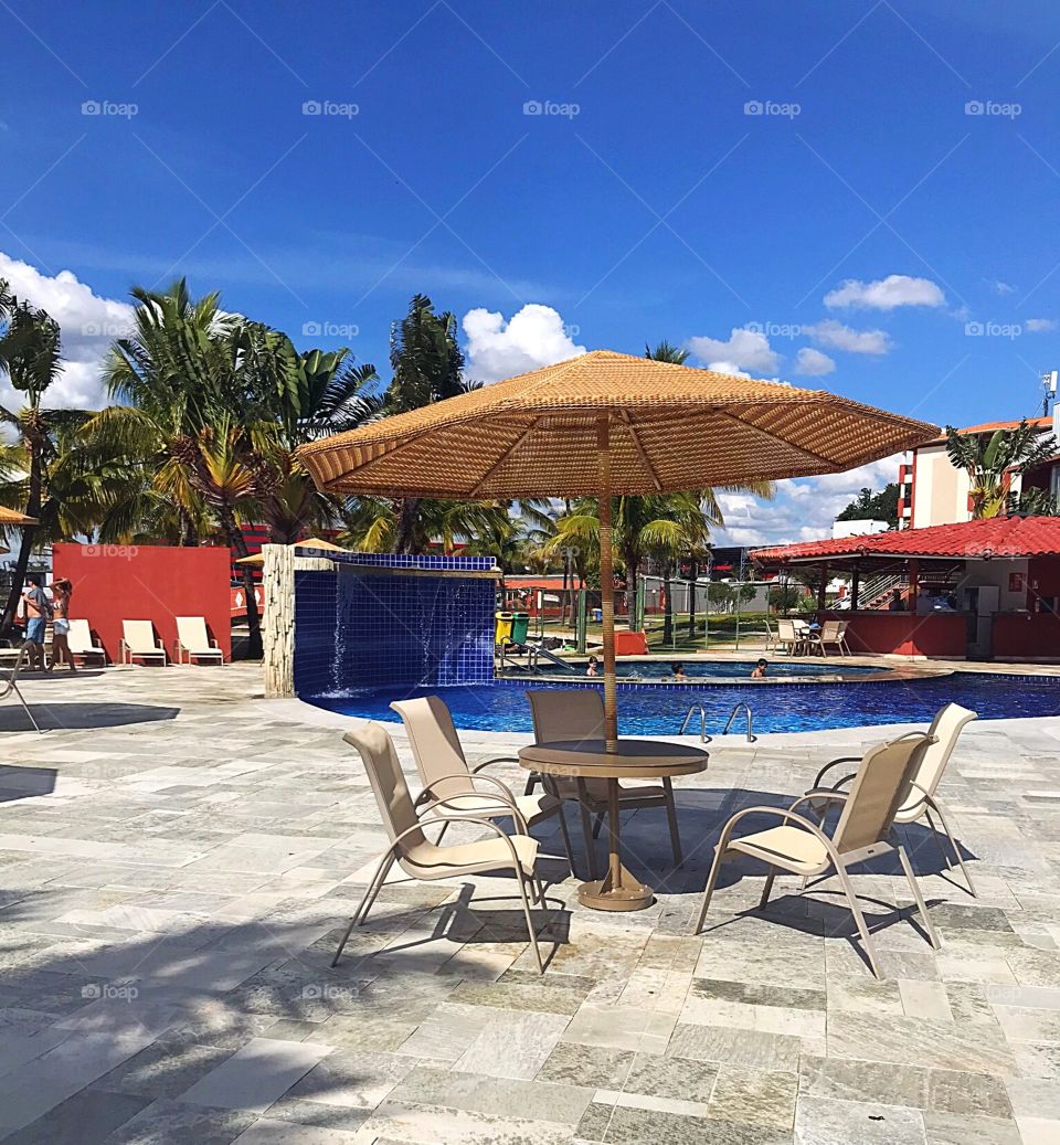 Recreation area of Lake Side hotel pool overlooking Paranoá lake in Brasilia-DF, Brazil.