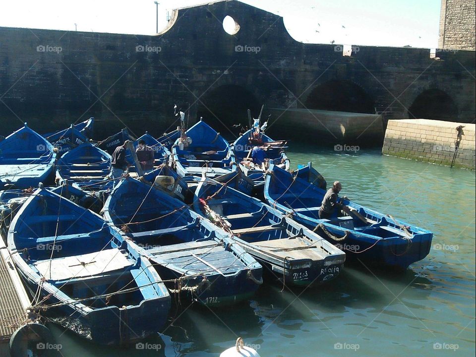 Flock of blue boats in the harbour at essaouira city.