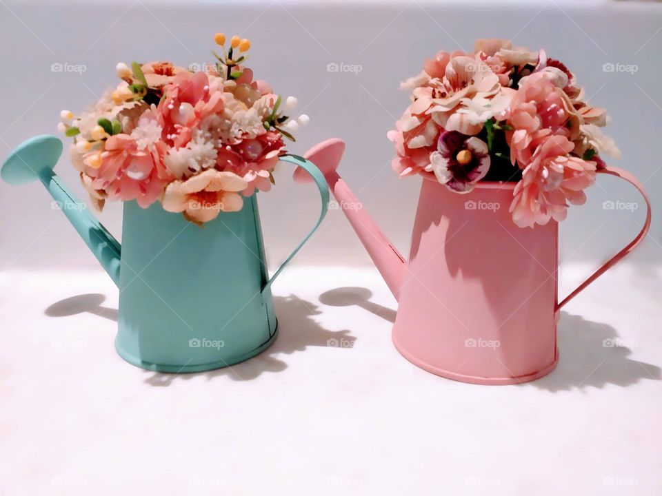 Blue and pink flower pot