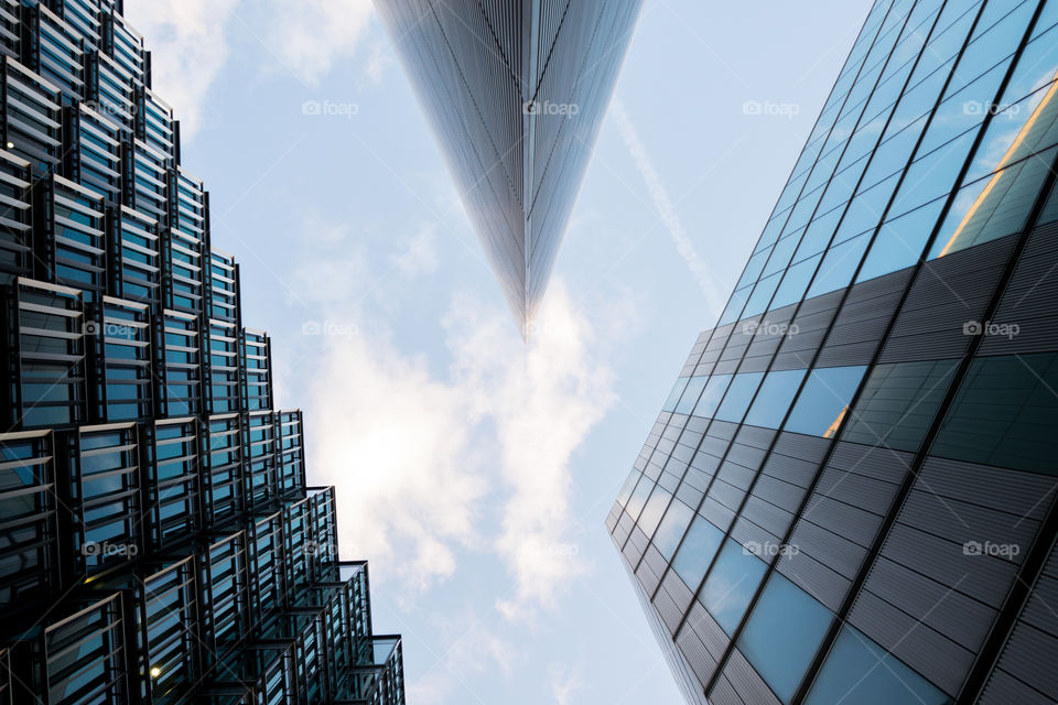 Low angle view of modern London skyscrapers 