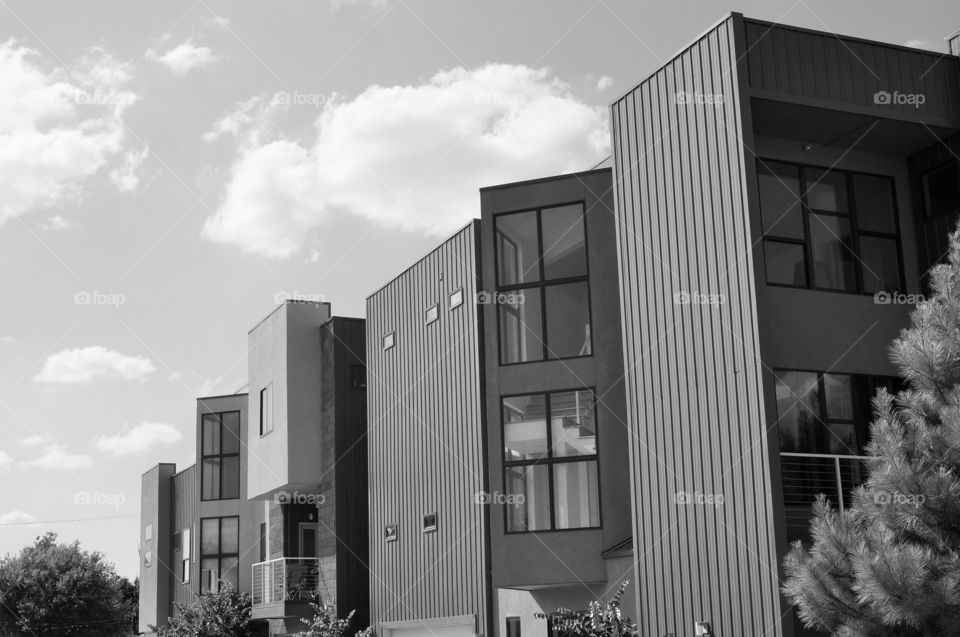 Condo building . Photo in black and white, taken in Tulsa OK.
