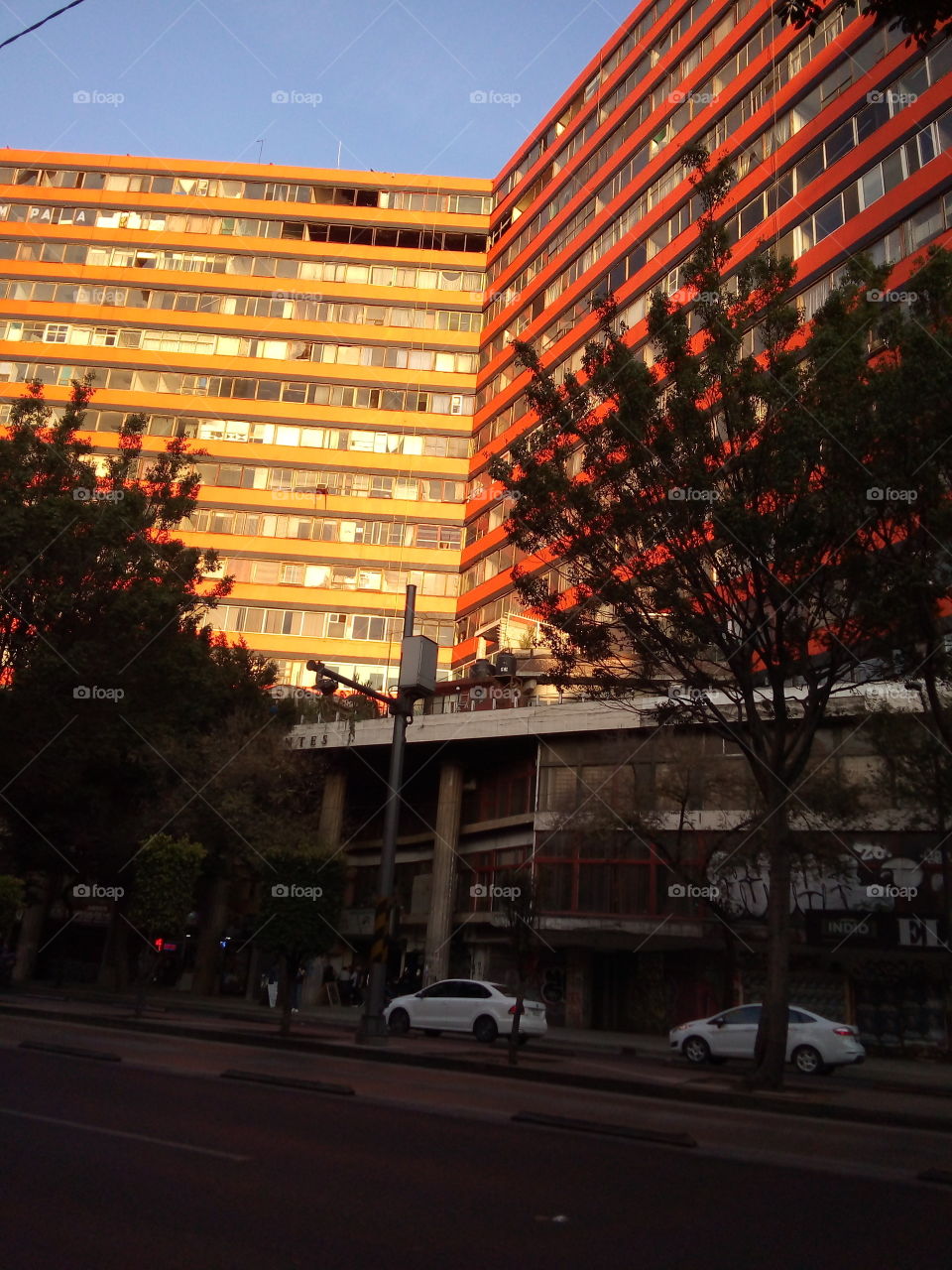Edificio color anaranjado con reflejo del sol que hace que el tono se incremente. ubicado en insurgentes en la cdmx