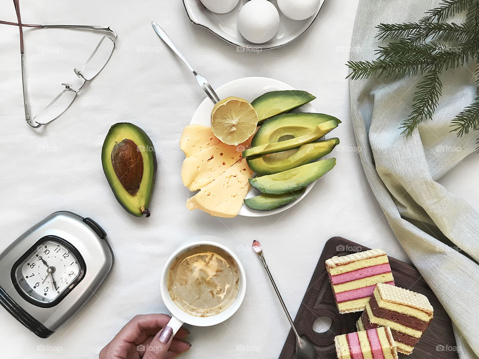 Overheard view of a healthy breakfast with a coffee cup 