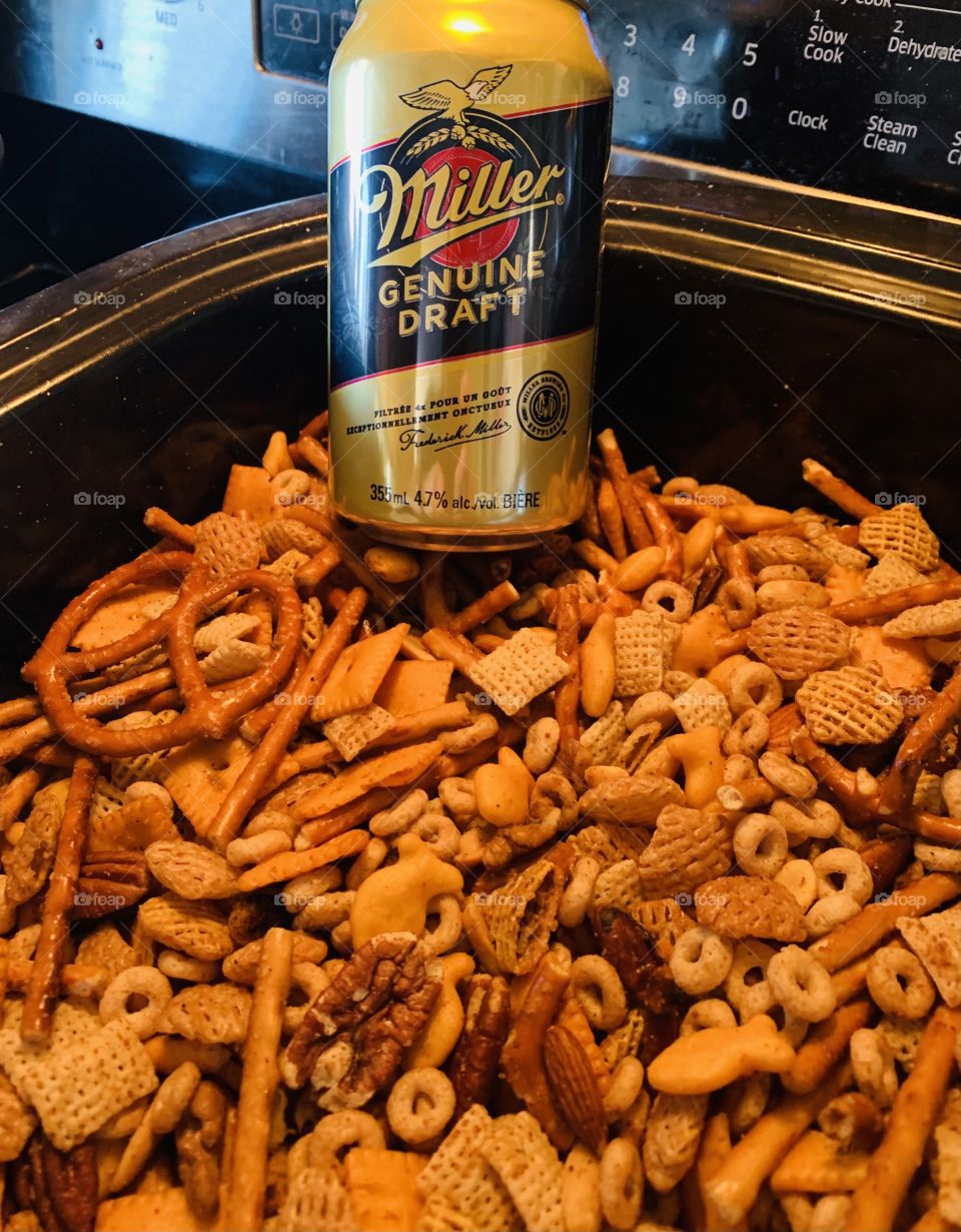 Spicy snack mix and beer 