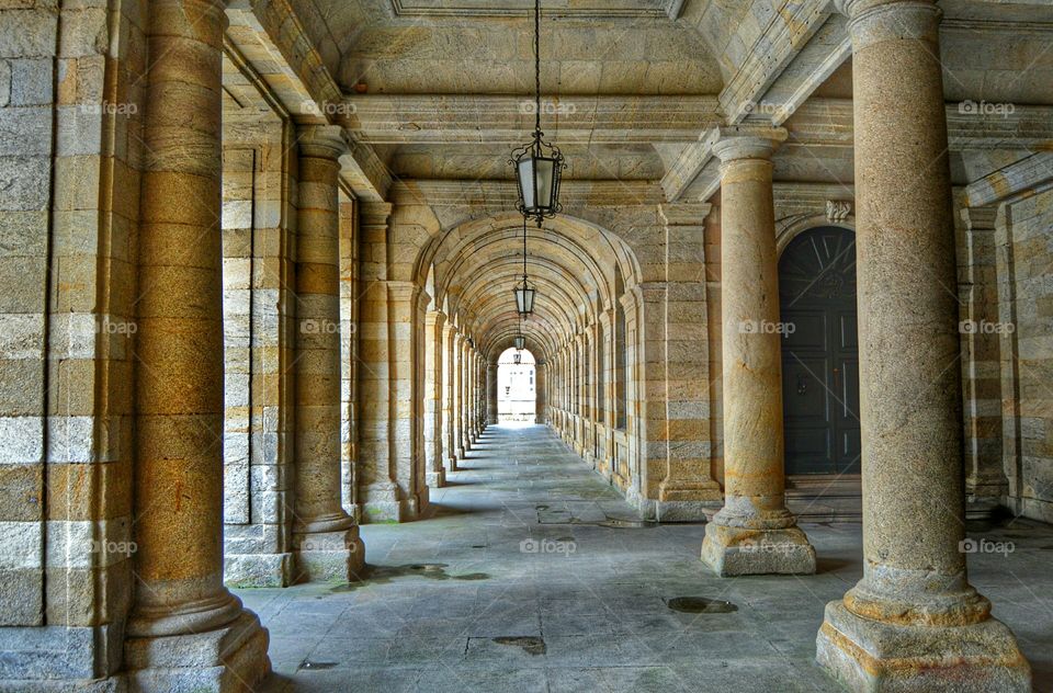 Colonnade of Pazo de Raxoi palace, Santiago de Compostela, Spain