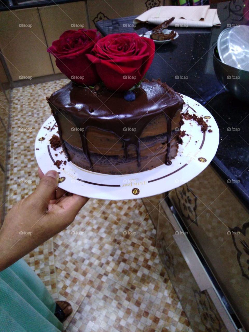 Chocolate with rose cream cake in my home made 