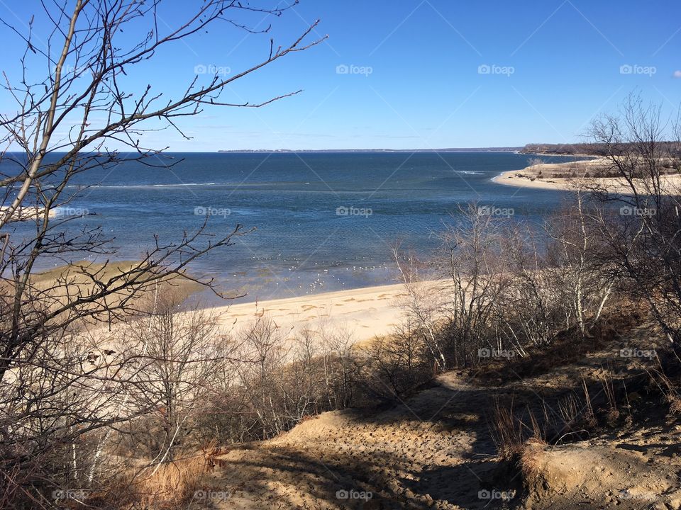 Hilltop view of coastline.