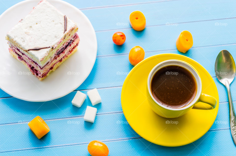 High angle view of sweets and coffee