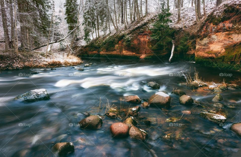 Winter beginning. Snow. River. White. Nature.