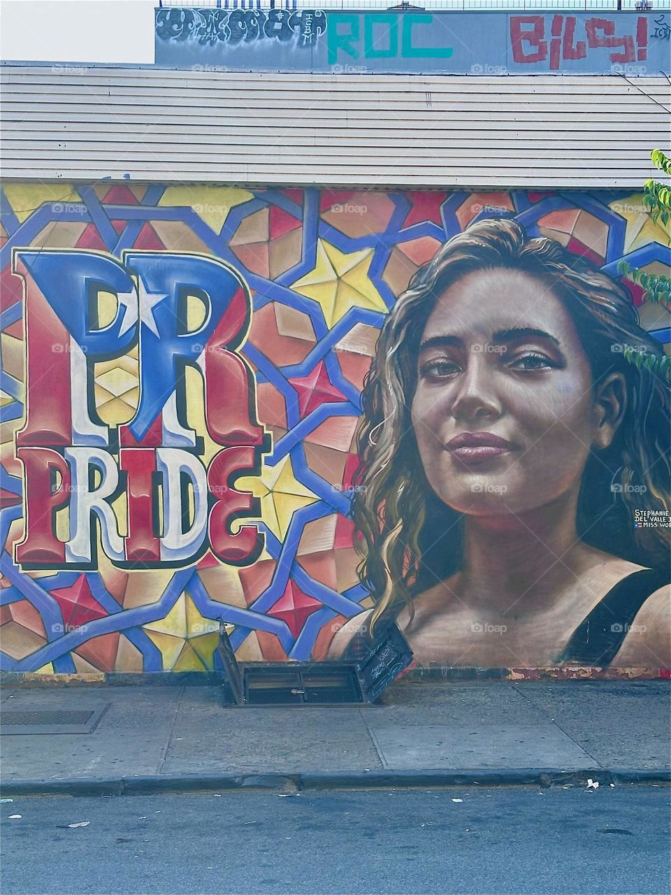 This art mural on “Jefferson St” off “Broadway” in “Bushwick”, Bklyn fills nearly an entire city block. A sassy Latina looks at us smiling on top of a 1970s style star and flower pattern next to the words “PR” and “PRIDE”. 2024. Hypnotic Productions
