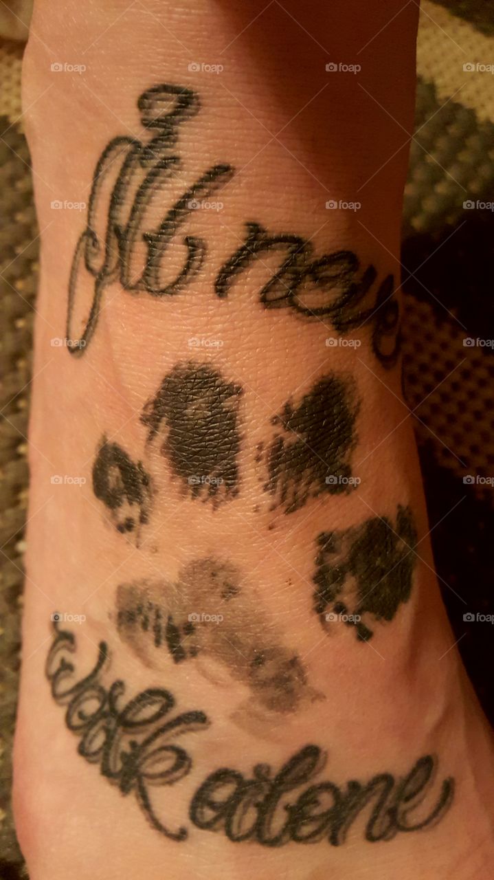 Foot tattoo dog's paw print, "I'll never walk alone"