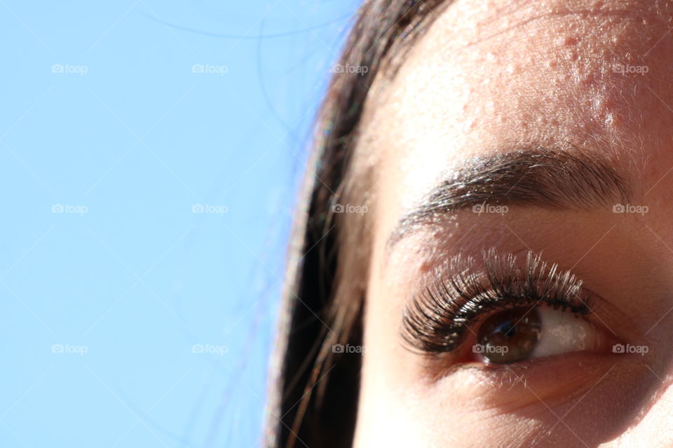 Brown eye with tick nicely shaped eyebrows and long curled eyelashes sparkling on a bright sunny day