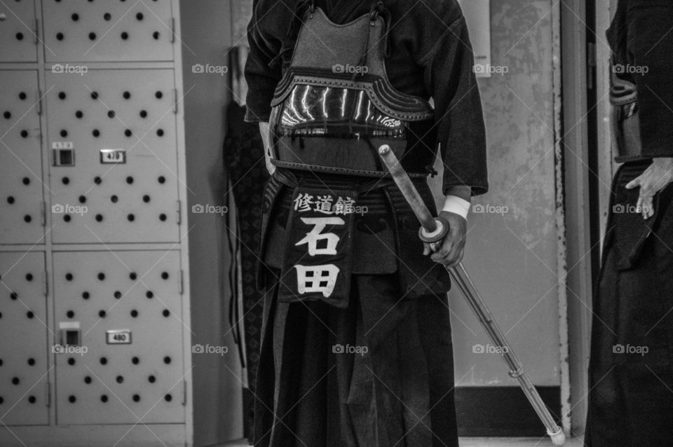 Close Up A Kendoka Protection Gear At Osaka Japan In Black And White