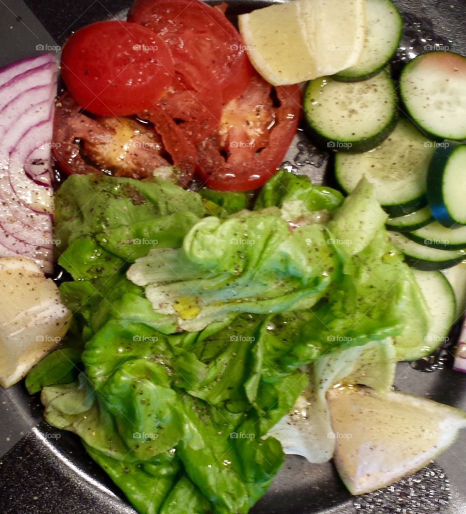 Fresh Salad. Greens Drizzled With Olive Oil & Vinegar